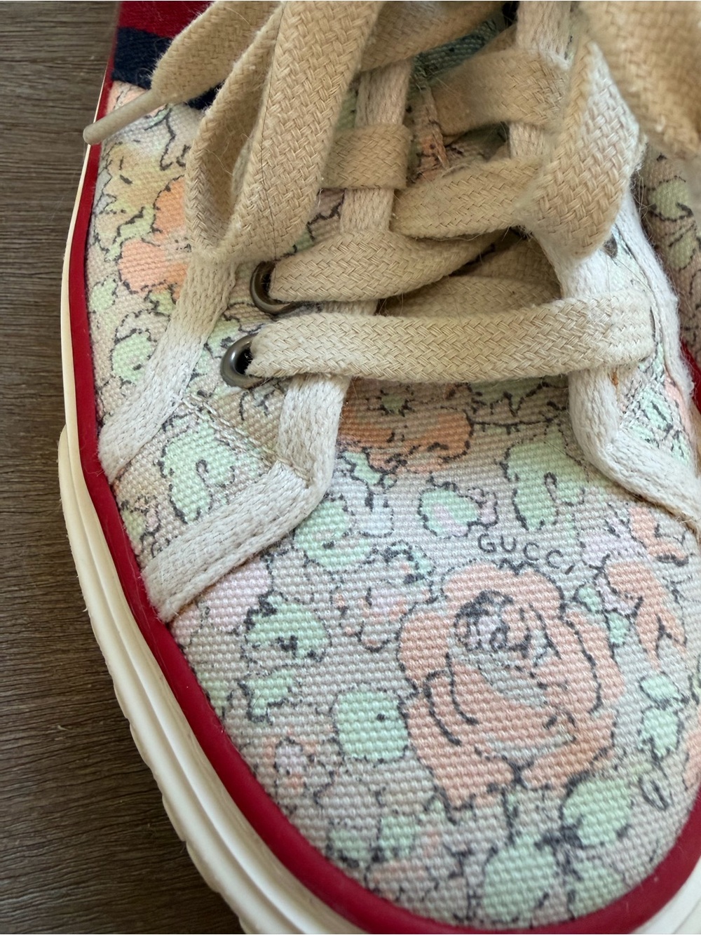 Gucci Floral Canvas Sneakers in Pink, Green and Red-Blue Stripe - Picture 3 of 8
